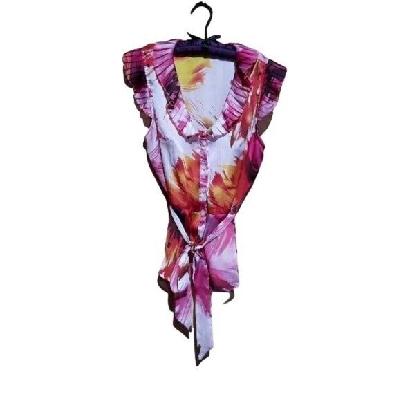 Fiery Tropical Ruffle Pleated Cap Sleeve Deep Scoop Tie Waist Top Sz PL - Picture 9 of 9